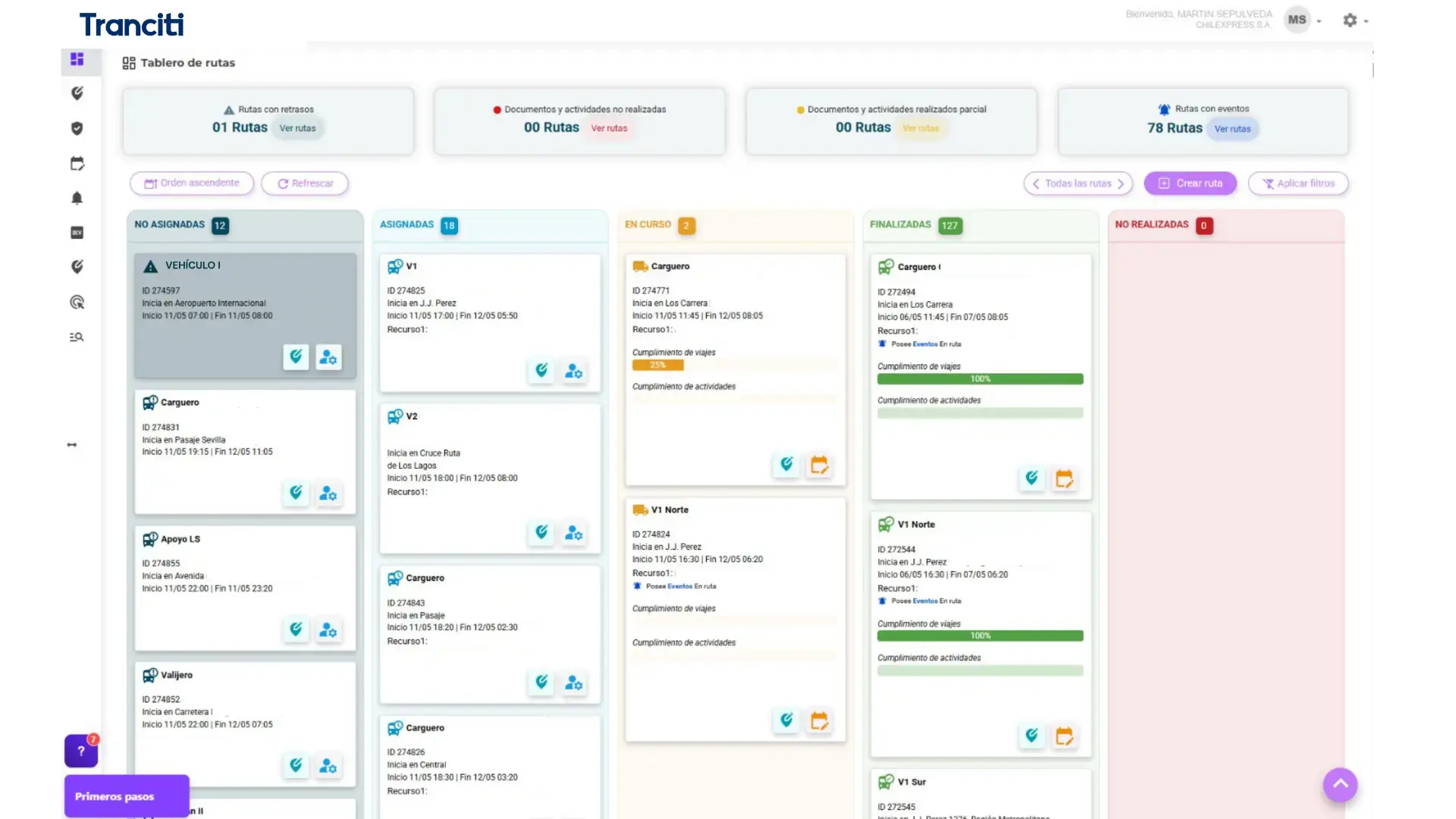 Tablero de rutas de Tranciti con rutas no asignadas, en curso y finalizadas